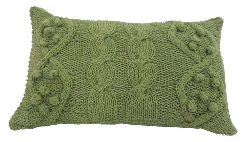 20 X 14 Inch Cotton Cable Knit Pillow with Twisted Details, Green