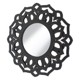 Wooden Mirror Blooming Lotus Wall Decor Set of 2 with Floral Engraving, Black