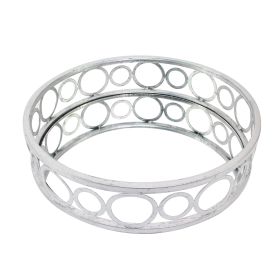 Round Metal Tray Set of 2 with Geometric Mirror Panel Inserts, Silver