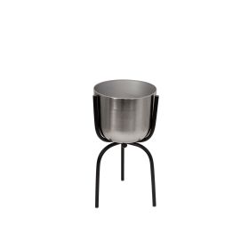 Round Metal Planter with Tripod Base, Silver and Black