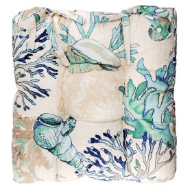 Rome Beach Print Fabric Thick Chair Pad with Tufted Details, White and Blue