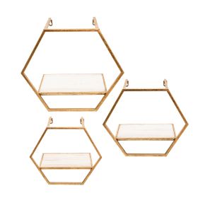 Hexagon Shaped Metal and Wooden Shelf, Set of 3, Gold