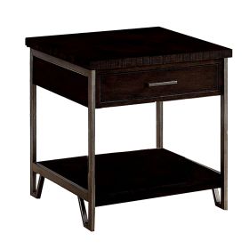1 Drawer Wooden End Table with Metal Frame, Brown