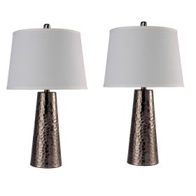 Table Lamp with Hammered Metal Base, Bronze, White