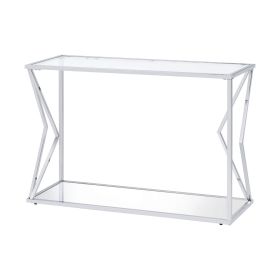 Sofa Table with Glass Top and Bottom Shelf and Geometric Accent, Silver