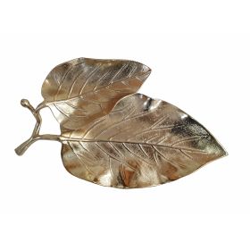 16 Inch Artisanal Dual Leaf Decorative Platter, Lightweight Aluminum, Gold