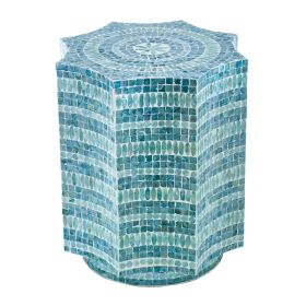 20 Inch Stool Table, Capiz Shell Inlay, Floral Geometric Design, Turquoise