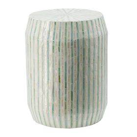 18 Inch Stool Table, Modern, Round Drum Design, Capiz Shells, Blue Finish