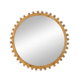 Emu 34 Inch Round Wall Mirror with Beaded Natural Brown Fir Wood Frame