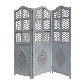 Three Panel Wooden Room Divider with Traditional Carvings and Cutouts, Blue